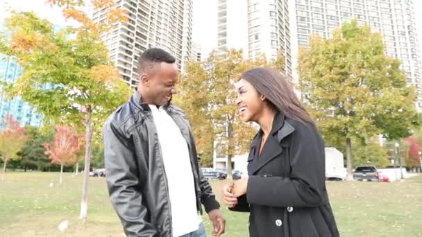 Ευτυχισμένο ζευγάρι μαύρα γελώντας στο πάρκο — Αρχείο Βίντεο