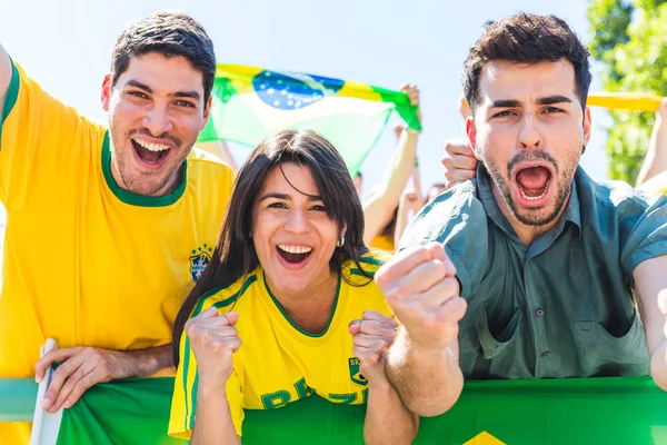 Brasilianische Fans feiern im Stadion mit Fahnen — Stockfoto