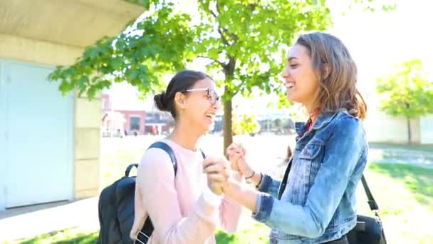Лучшие друзья девушки смеются вместе в парке — стоковое видео
