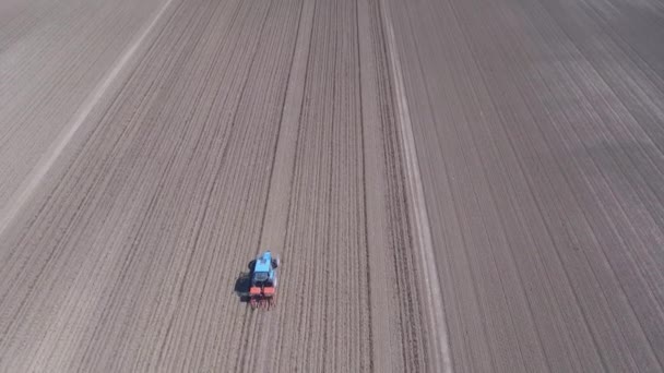Trator em um arado de campo, vista aérea do campo — Vídeo de Stock