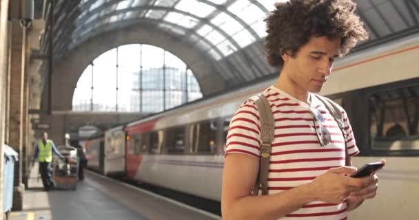 Man at train station checking timetables on mobile phone — Stock Video