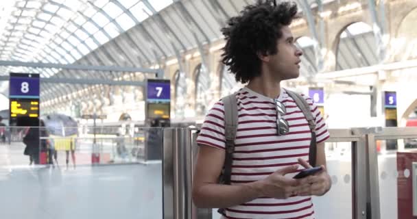 Man at train station checking timetables on mobile phone — Stock Video