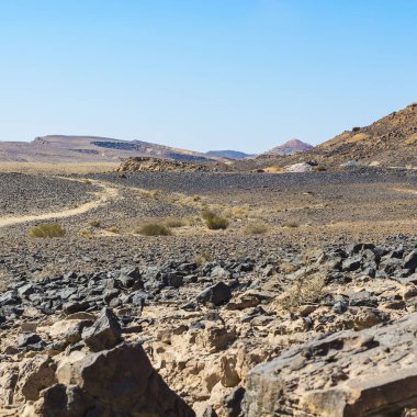İsrail 'deki Negev Çölü' nün Rocky tepelerinin sonsuz ıssızlığı. Ortadoğu 'nun nefes kesici manzarası ve doğası.