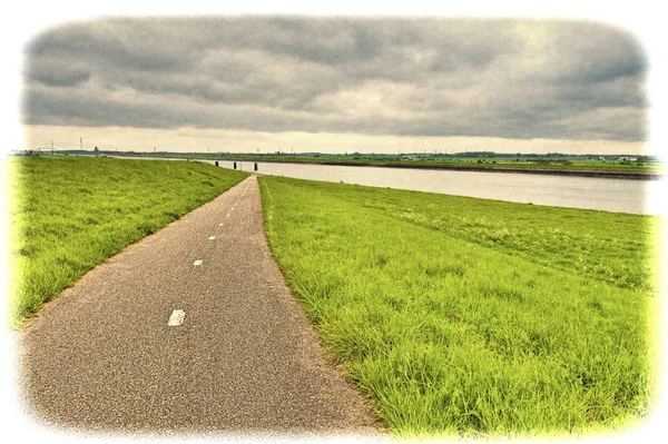 Estrada, Barragem e Canal na Holanda — Fotografia de Stock