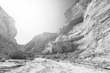Negev Çölü İsrail kayalık hills adlı gündoğumu. Nefes kesici manzara çöl kaya oluşumları Güney İsrail Çölü'nde. Siyah beyaz resim