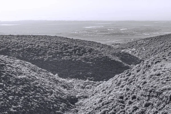 加利利全景 以色列北部地区 加利利山脉和地中海的空中景观 黑白照片 — 图库照片