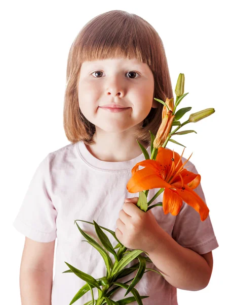 Meisje bedrijf oranje bloem — Stockfoto