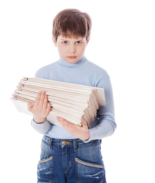 Schoolboy holding papers — Stock Photo, Image