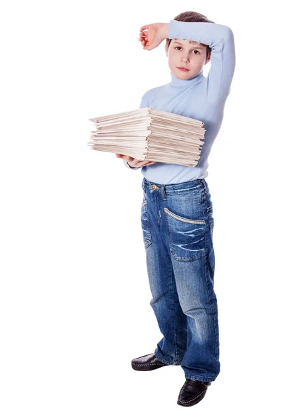 Schoolboy holding papers — Stock Photo, Image