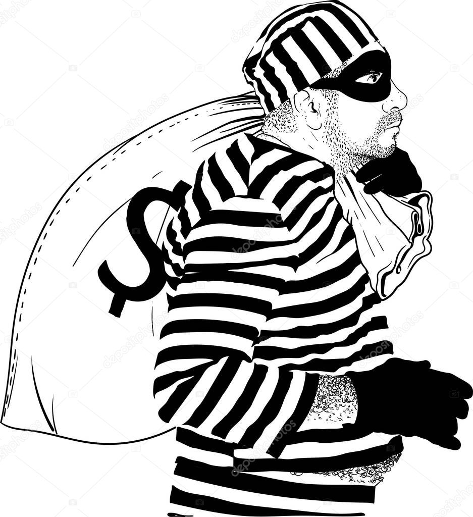 comic character thief in a striped prisoner robe and black mask on his face stole a big sack of dollars