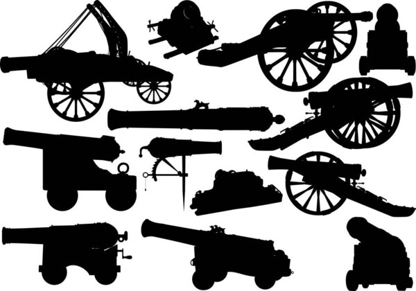Set of black silhouettes of varied medieval artillery siege of fortress and sea