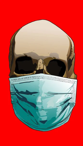 Vektor Illustration Skalle Medicinsk Mask Mot Virus Inklusive Covid Röd — Stock vektor