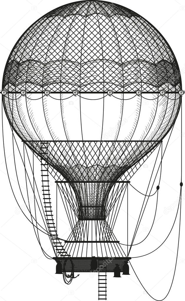 beautiful vintage classic air balloon drawn in the engraving style isolated on white background