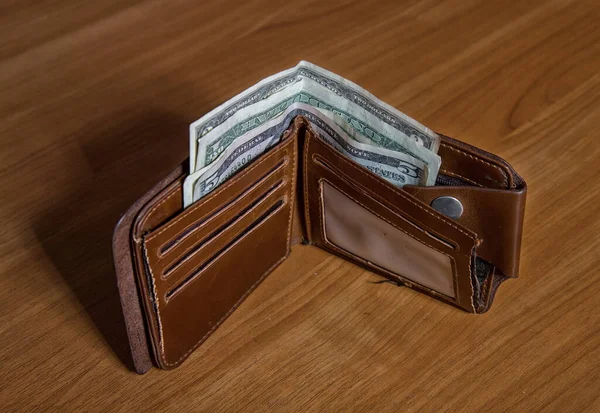 Old Leather Wallet Small Dollar Bills — Stock Photo, Image