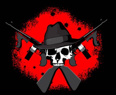 Fedor 'un şapkasındaki mafya kafatası, iki çapraz Tommy saldırı tüfeğiyle kan kırmızısı ve siyah arka planda.