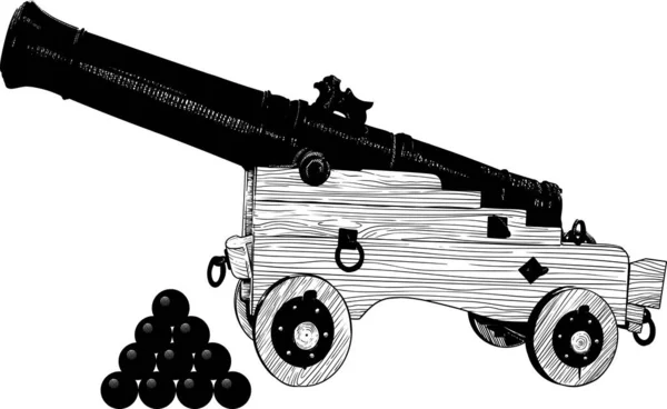 白い背景に大砲と木製の馬車の上にアンティーク海賊海銃 — ストックベクタ