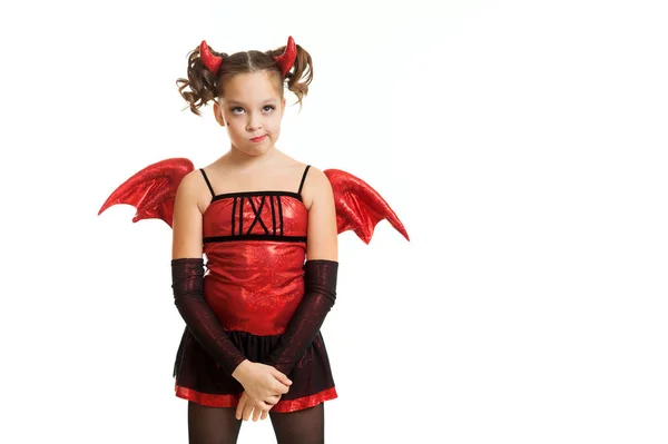 Flickan i en kostym av en djävul — Stockfoto