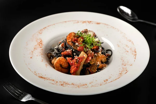 Seafood Mediterranean Cuisine Black Paste Squid Ink Squid Meat Crab — Stock Photo, Image