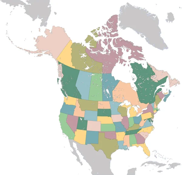 Mappa del Nord America con Stati Uniti e Canada — Vettoriale Stock