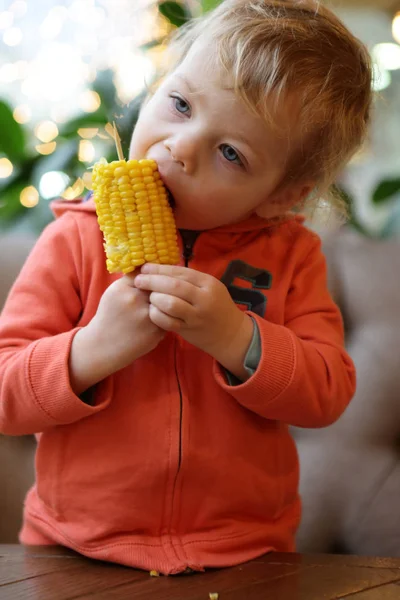 Criança mordendo milho — Fotografia de Stock