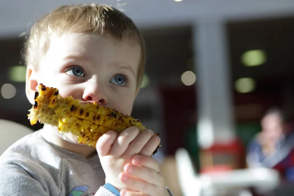 Kid äta grillad majs cob — Stockfoto
