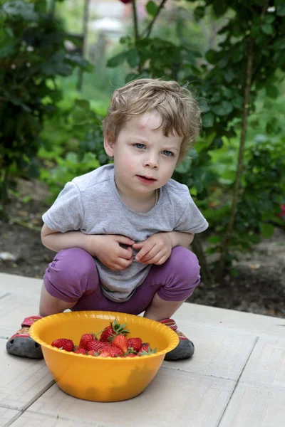 Хлопчик з тарілкою полуниці — стокове фото