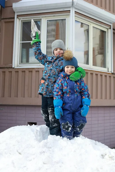 Δύο αδέλφια στο hill χιονιού — Φωτογραφία Αρχείου