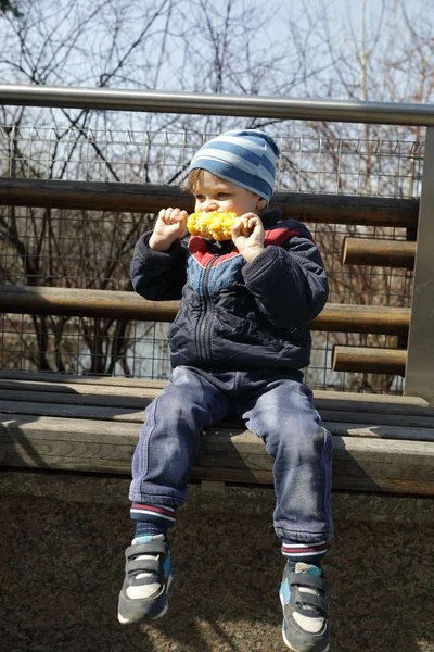 Menino comendo milho no banco — Fotografia de Stock