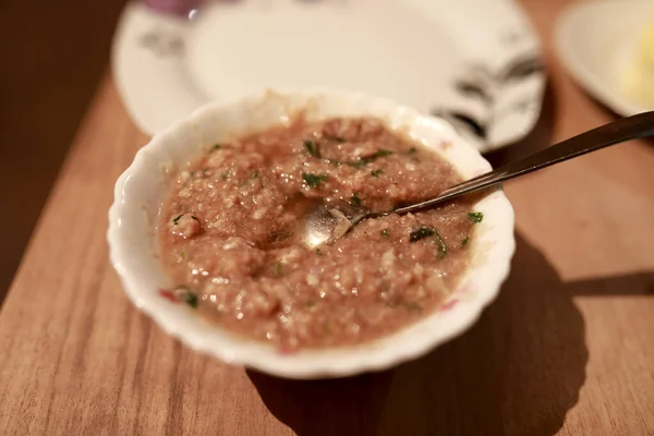 Schaal Van Khinkali Vlees Thuis Georgië — Stockfoto