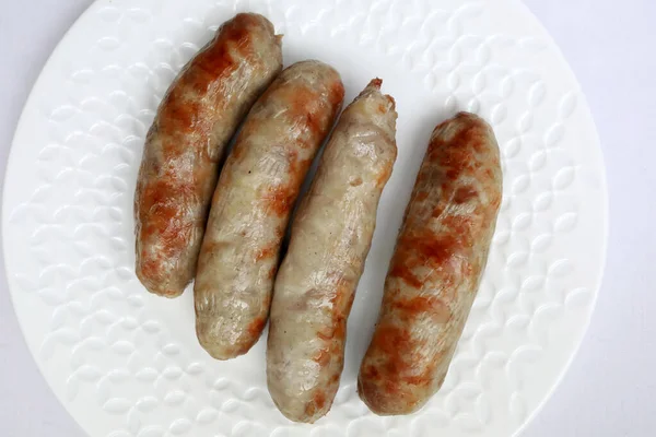 View Fried Sausages White Plate — Stock Photo, Image