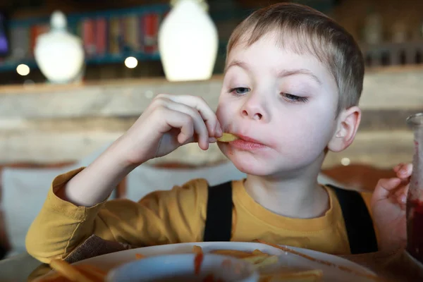 Kid Eats French Fries Ketchup Restaurant — Stock Photo, Image