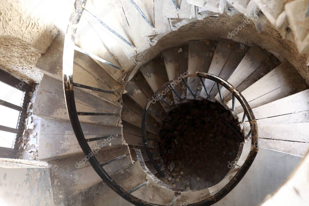 Details of spiral staircase in abandoned building, Kabardino-Balkaria, Russia