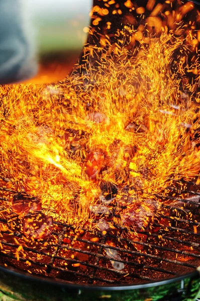 熊熊燃烧的木炭和火焰 — 图库照片