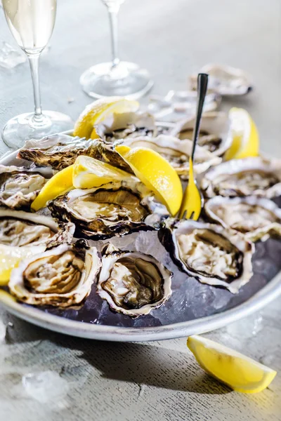 Ostras abiertas en un plato — Foto de Stock