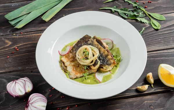 Carp fillet with cream of celery — Stock Image Carp fillet with cream of celery Stock Image