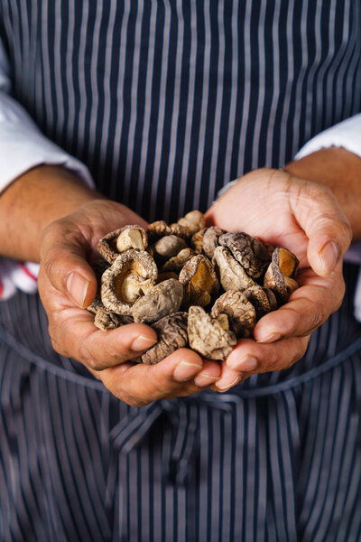 chef holding shiitake in hands