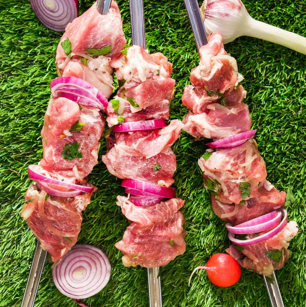 Kebabs crudos con cebolla —  Fotos de Stock