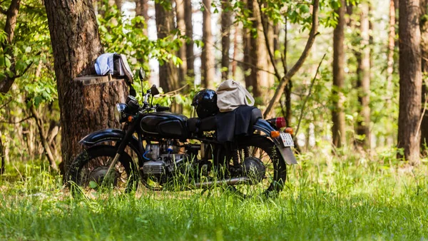 Motorfiets in groene woud — Stockfoto