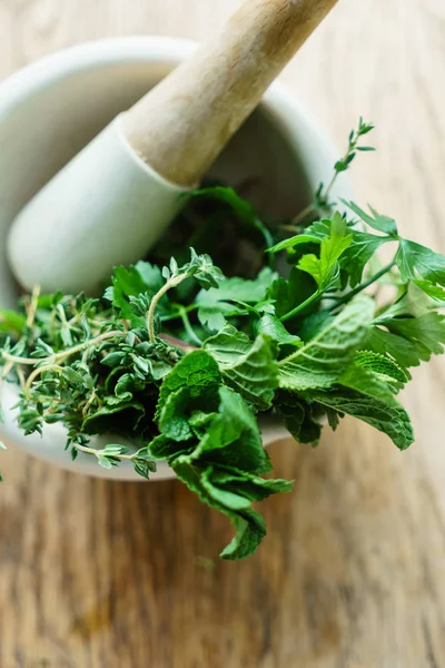 Mortar with fresh herbs — Stock Photo, Image