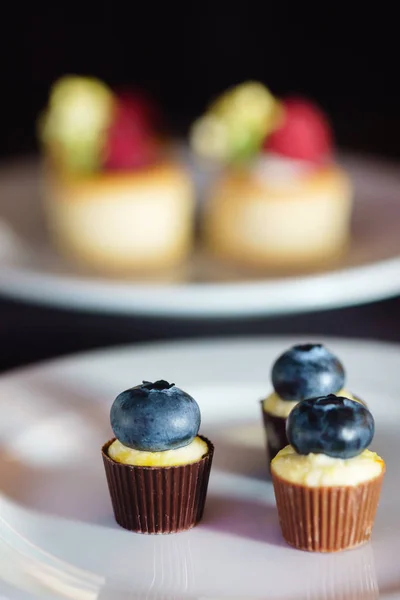 Chocolate tarts with cream and berries — Stock Photo, Image