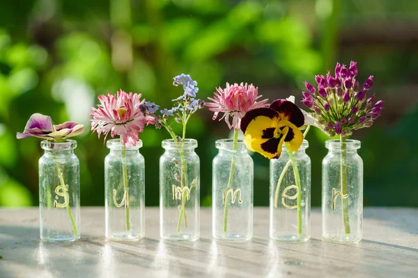 Botellas de vidrio con flores — Foto de Stock