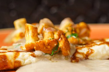 Cantharellus cibarius plaka üzerinde omlet 