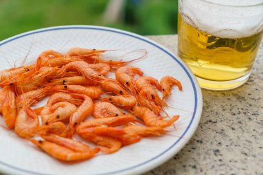 karides ve bira ile plaka 