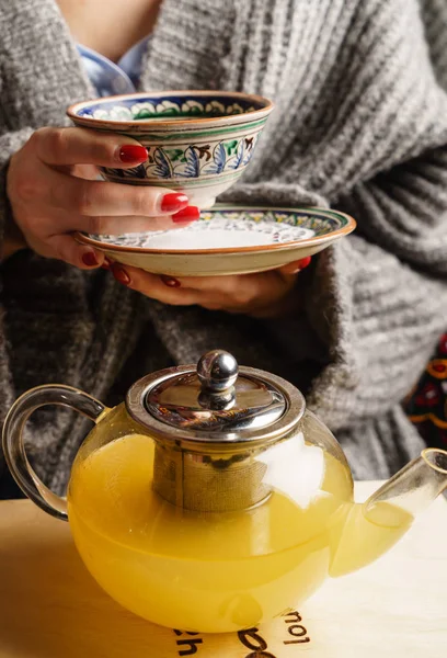 Woman with seabuckthorn tea — Stock Photo, Image