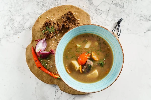 winter soup with beef, close up