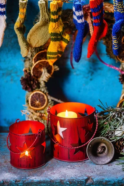 Candele Natale Che Bruciano Arredamento Festa — Foto Stock