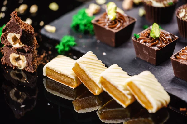 Chocolate Sweets Black Background Close — Stock Photo, Image