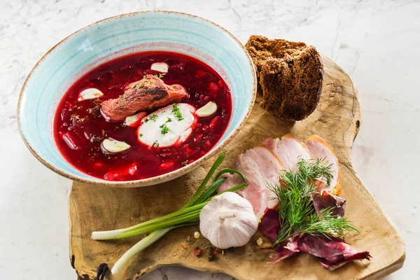 Beetroot soup with meat, close up — Stock Image Beetroot Soup Meat Close Stock Photo