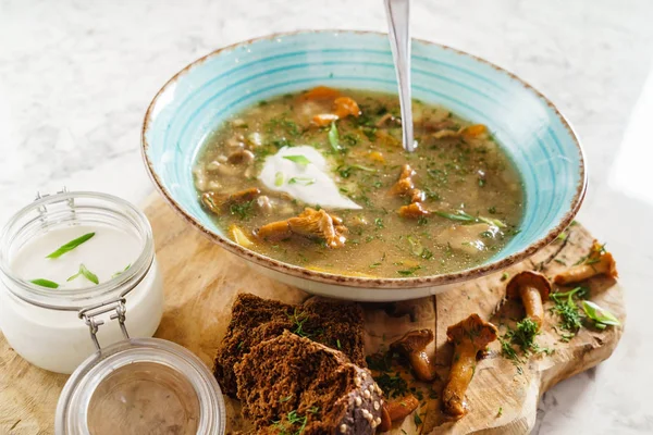 Mushroom soup with sour cream, close up — Stock Image Mushroom Soup Sour Cream Close Stock Image