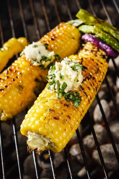 grilled corn with butter, close up